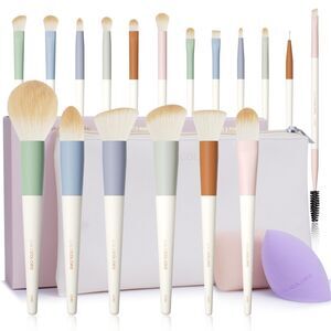 18-Pcs Colorful Makeup Brushes With Wooden Handles 2 Sponges & Travel Bag